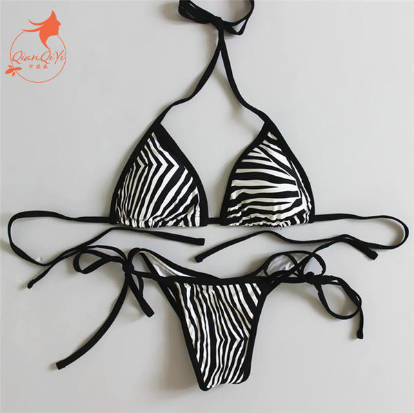 2018 new sexy padded thong bottom bandage swimsuit Halter Brazilian bikinis set Zebra push up women swimwear bathing suit