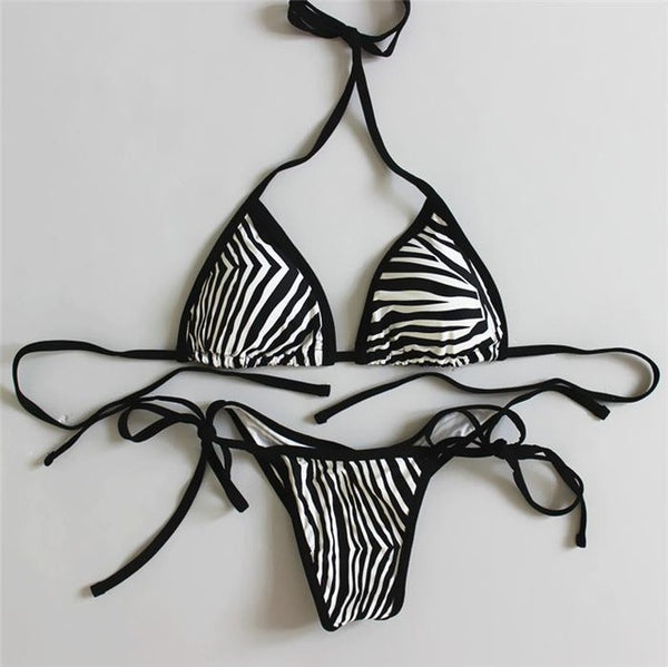 2018 new sexy padded thong bottom bandage swimsuit Halter Brazilian bikinis set Zebra push up women swimwear bathing suit
