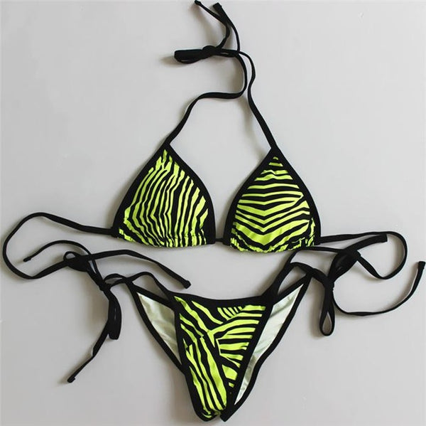 2018 new sexy padded thong bottom bandage swimsuit Halter Brazilian bikinis set Zebra push up women swimwear bathing suit