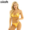 Femme Womens Shiny Metallic Bikini Set for Swimsuit Swimwear Summer Parties Strappy Cross Back Crop Top with Briefs Underwear