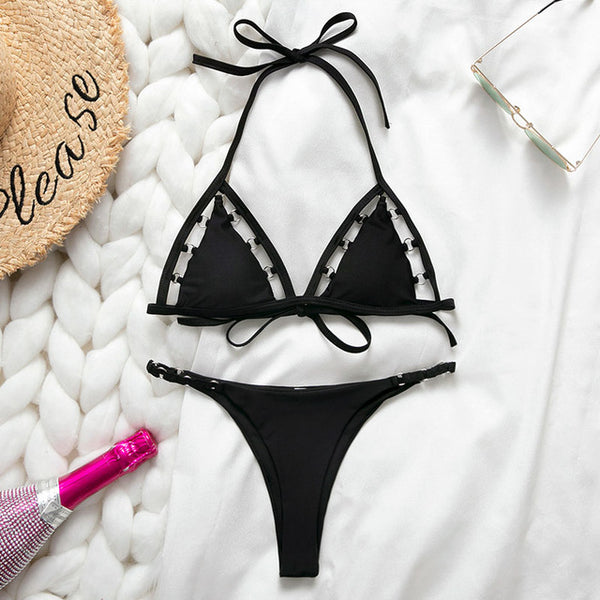 In-X Ring high cut bikini 2020 Black swimsuit female Push up swimwear women bathers Halter top Triangle top summer bathing suit