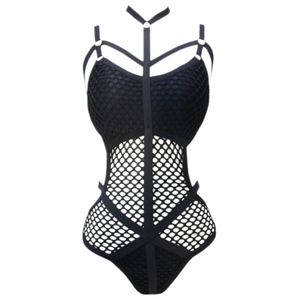 Black Sheer Knit Net Mesh Women Swimwear One Piece Swimsuit Female Bather Bathing Suit Swim Halter
