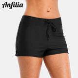 Anfilia Swimming Trunks Women Bikini Bottom Solid Color Swimwear Briefs Split Bandage Boy Shorts