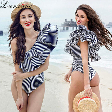 Peachtan Sexy high cut bodysuit bikini 2020 Solid white swimsuit one piece monokini Ruffle swimwear women bathers bathing suit