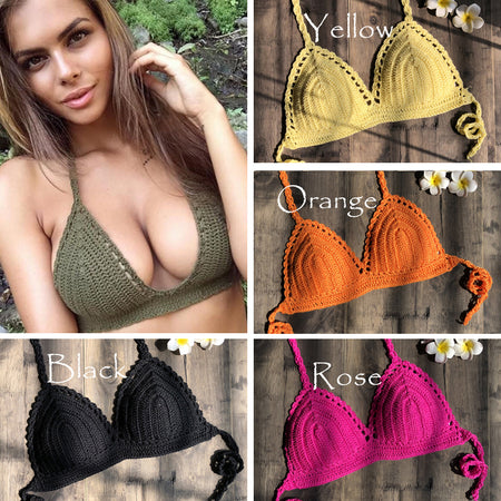 2019 New Bikini Top Handmade Crochet Women Boho Beach Bralette Solid Halter Knitted Swimsuit Brazilian Bikinis Bathing Suit Top