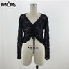 Aproms White Lace Knitted Ruched T-shirt Women Summer Casual V-neck Hollow out Tshirt Female Bikini Beachwear Top Black Tee 2020