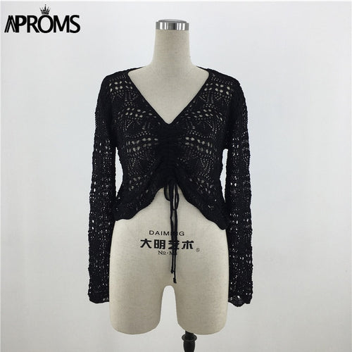 Aproms White Lace Knitted Ruched T-shirt Women Summer Casual V-neck Hollow out Tshirt Female Bikini Beachwear Top Black Tee 2020