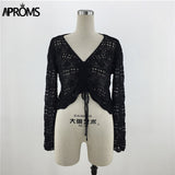 Aproms White Lace Knitted Ruched T-shirt Women Summer Casual V-neck Hollow out Tshirt Female Bikini Beachwear Top Black Tee 2020