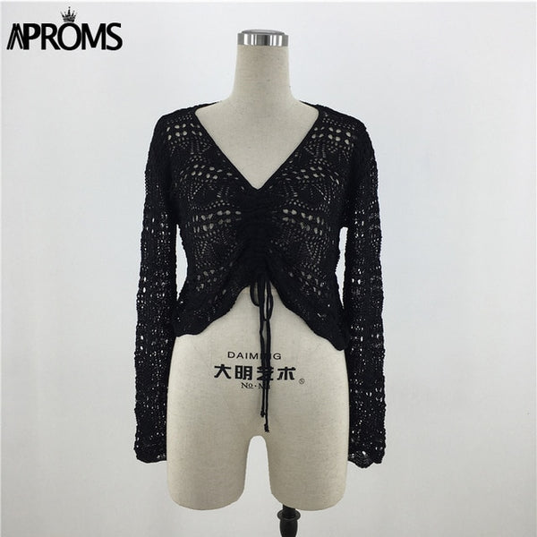 Aproms White Lace Knitted Ruched T-shirt Women Summer Casual V-neck Hollow out Tshirt Female Bikini Beachwear Top Black Tee 2020
