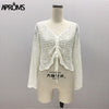 Aproms White Lace Knitted Ruched T-shirt Women Summer Casual V-neck Hollow out Tshirt Female Bikini Beachwear Top Black Tee 2020