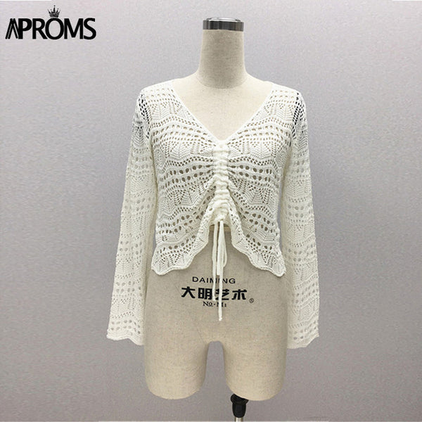 Aproms White Lace Knitted Ruched T-shirt Women Summer Casual V-neck Hollow out Tshirt Female Bikini Beachwear Top Black Tee 2020