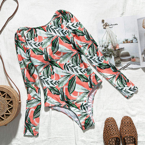 Summer 2020 Leaves print swimsuit female Long sleeve sexy bikini Brazilian one piece bodysuit Push up swimwear women monokini