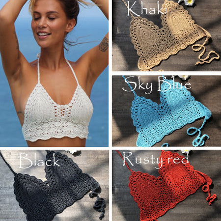 2019 New Bikini Top Handmade Crochet Women Boho Beach Bralette Solid Halter Knitted Swimsuit Brazilian Bikinis Bathing Suit Top