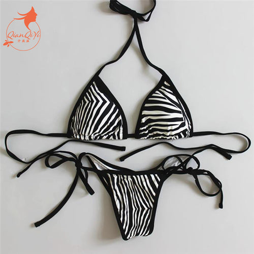 2018 new sexy padded thong bottom bandage swimsuit  Halter Brazilian bikinis set Zebra push up women swimwear bathing suit
