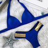 2018 Sexy Bandeau Thong Bikini Set Push Up Swimwear Halter Top for Women Blue Gold Stamping Swimsuit Padded Female Bathing Suit