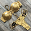 2018 Sexy Bandeau Thong Bikini Set Push Up Swimwear Halter Top for Women Blue Gold Stamping Swimsuit Padded Female Bathing Suit