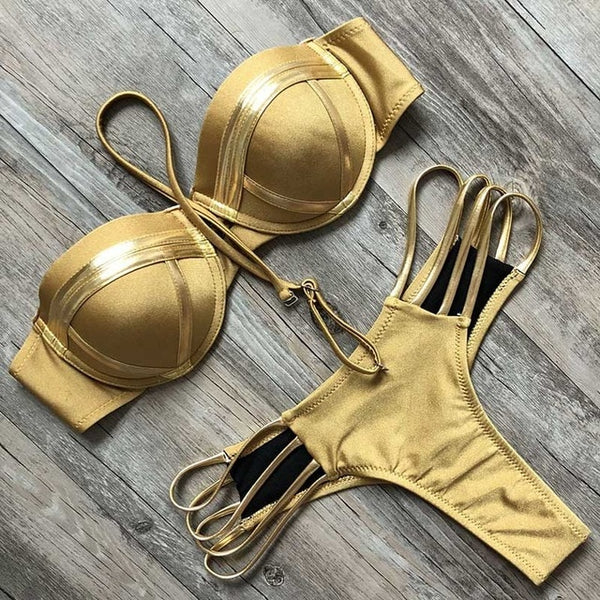 2018 Sexy Bandeau Thong Bikini Set Push Up Swimwear Halter Top for Women Blue Gold Stamping Swimsuit Padded Female Bathing Suit